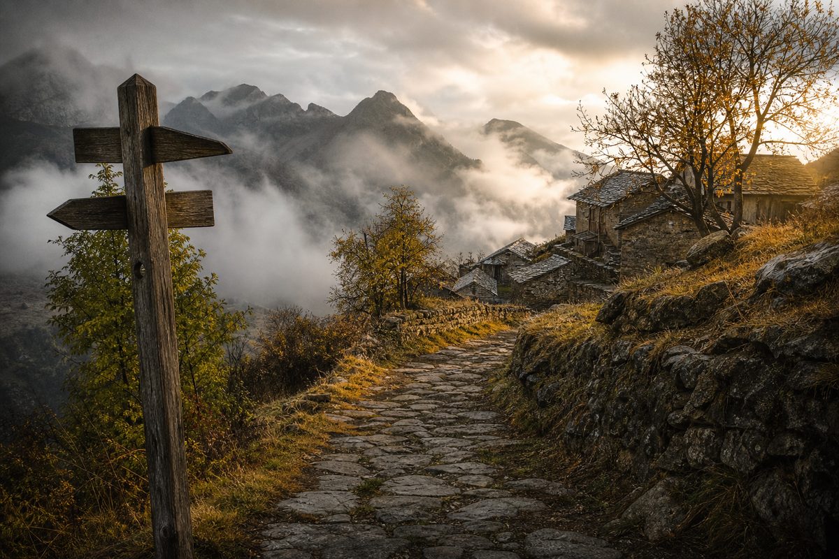A misty mountain trail at golden hour