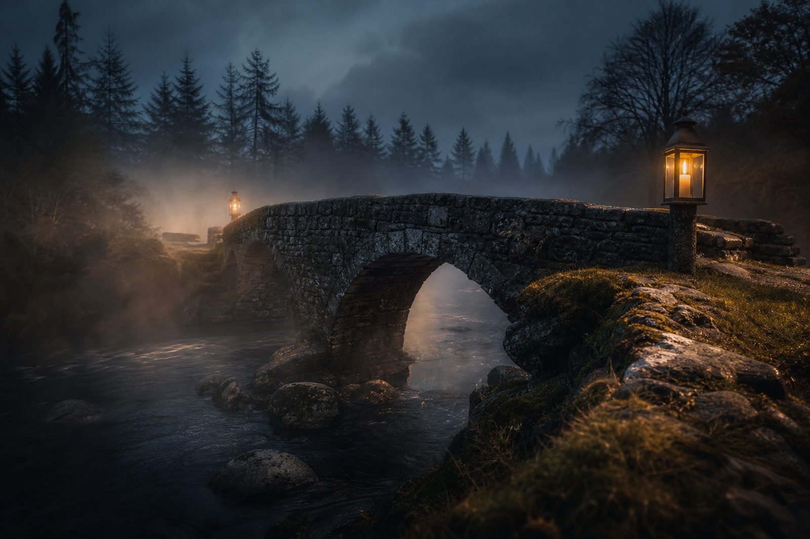 An ancient stone bridge in mist at dusk, lit by lantern light